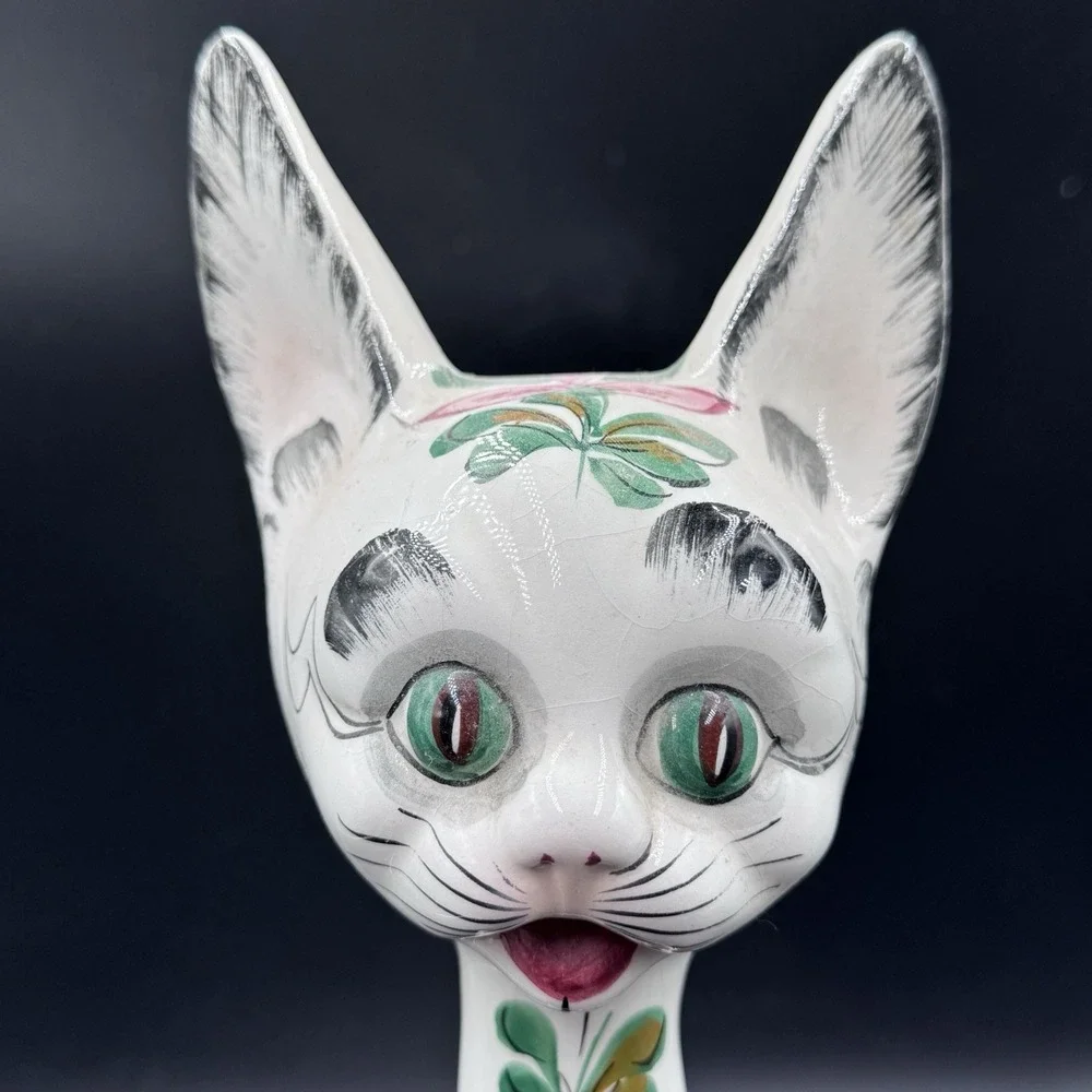 VTG Long Neck Ceramic Cat LARGE Figurine Made Italy‎ 1960s Floral W/Bow Rare 17